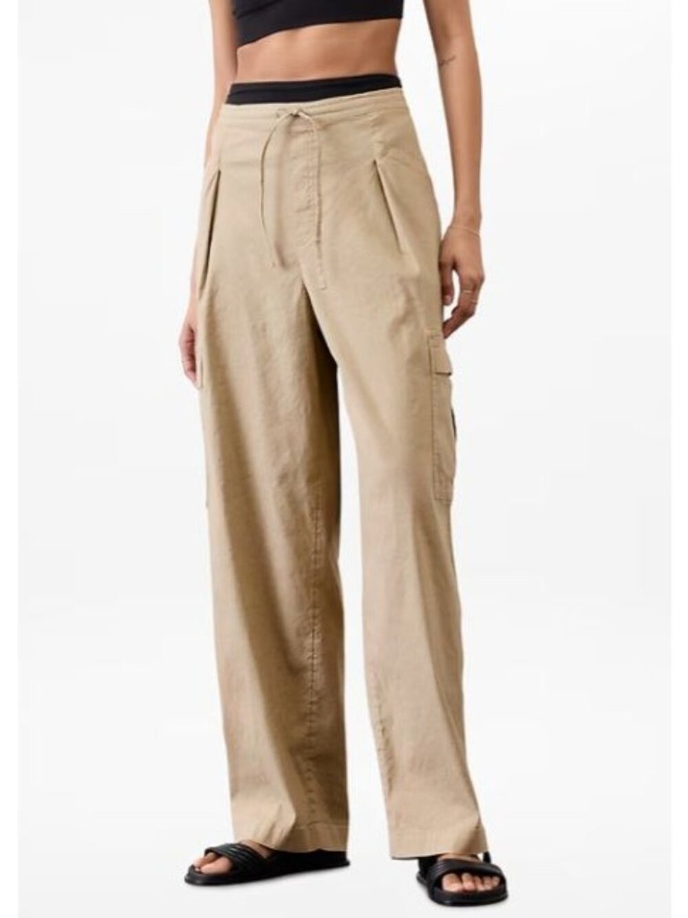 Athleta Black Linen Blend Paradise Relaxed Straight Leg Cargo Pant XS - Picture 2 of 8